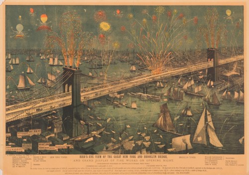 Bird's-Eye View of the Great New York and Brooklyn Bridge and Grand Display of Fireworks on the Opening Night.