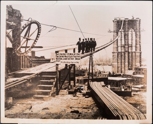 Brooklyn Bridge under construction.