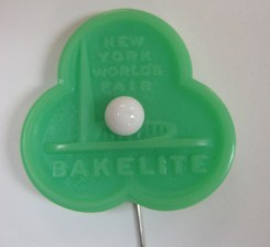 New York World's Fair: Bakelite Pin, 1939, in the 1939-1940 New York World's Fair Collection.  Museum of the City of New York.
