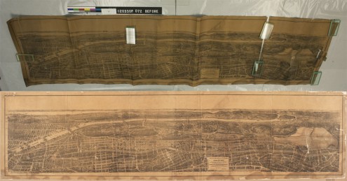 Bird's Eye View of that Portion of the 23rd and 24th Wards of the City of New York, lying west of the N.Y. and Harlem Railroad, and of the Grand Boulevard & Concourse, Surveyed by Louise A. Risse, 1897, (Before and after treatment). Museum of the City of New York. 29.100.2612B.