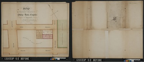 Francis Nicholson (1753-1844). Map of Property belonging to Philip Hone Esquire, Situated in the 9th Ward of the City of New York, 1827 (Before treatment, front and back). Museum of the City of New York. 29.100.3016