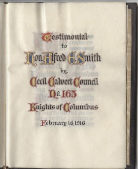 Front page of testimonial presented to Smith by the Knights of Columbus. 1916. Museum of the City of New York.