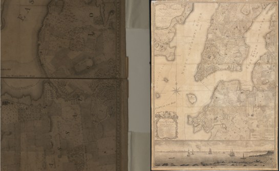 Engraved by Thomas Kitchin. Plan of the City of New York, In North America: Surveyed in the Years 1766 & 1767. Surveyed by Bernard Ratzer. Published by Jefferys & Faden, London, 1776, (Before closeup to left, after to right). Museum of the City of New York. 29.100.2537