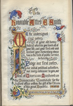 Front page of a book of signatures pledging support for Smith in the 1928 presidential election. 1928. Museum of the City of New York.