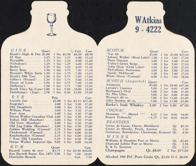 Excerpt from Penrod's price list, ca. 1930, in the Collection on Nightlife. Museum of the City of New York. X2012.102.30.