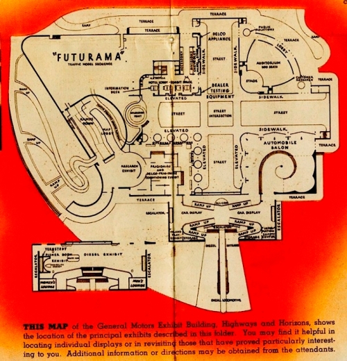 Excerpted map from "The General Motors Exhibit Building," 1939, in the 1939-1940 New York Worlds Fair Collect.  Museum of the City of New York, 95.156.17.