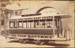 Photograph taken for the John Stephenson Company by unknown photographer. Closed Cars Streetcar No. 147, Central Park, North & East Rivers to the Battery. 1860-1875. Museum of the City of New York. 44.295.234