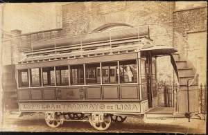 Photograph taken for the John Stephenson Company by unknown photographer. Double-decker Cars Empresa de Tramways de Lima No. 4 streetcar with knifeboard seating on upper deck. ca. 1875. Museum of the City of New York. 44.295.272
