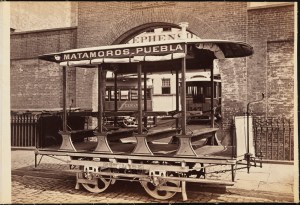 Photograph taken for the John Stephenson Company by unknown photographer. Special Cars Matamoros - Puebla streetcar for second-class passengers. ca. 1880. Museum of the City of New York. 44.295.301