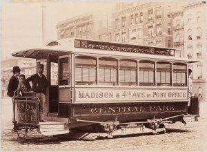 Photograph taken by the Pach Brothers for the John Stephenson Company. Electric Cars Madison & 4th Avenue to Post Office, Central Park No. 12 streetcar with Thomson-Houston motor. ca. 1890. Museum of the City of New York. 44.295.379
