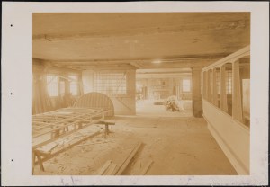 Photograph taken for the John Stephenson Company by unknown photographer. Factory Interior of the John Stephenson Company factory at 47 East 27th Street, making a streetcar roof. ca. 1889. Museum of the City of New York. 44.295.480