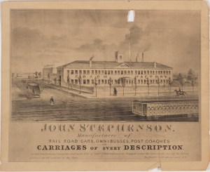 Photolithograph by J. H. Bufford & Co. John Stephenson, Manufacturer of Rail Road Cars, Omnibusses, Post Coaches and Carriages of Every Description. ca. 1837. Museum of the City of New York. 45.293.1