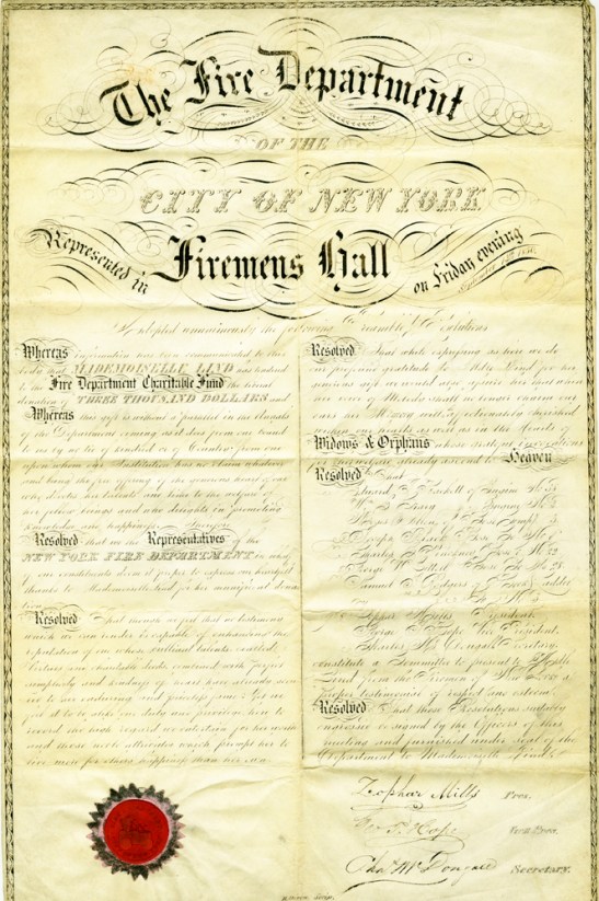 Fire Department Charitable Fund Testimonial to Jenny Lind, 1850, in the Fire Department Collection. Museum of the City of New York, 52.24.3