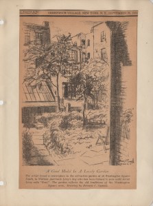 Reproduction of Edward C. Caswell's drawing of William Auerbach-Levy's garden. Printed in The Villager, September 16, 1943.