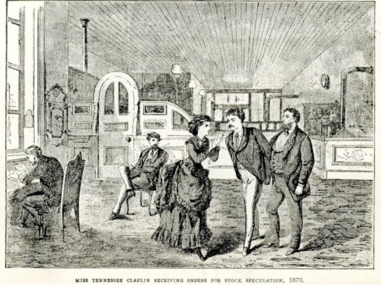 Miss Tennessee Claflin Receiving Orders for Stock Speculation, 1870. Reprinted in One Moral Standard for All: Extracts from the lives of Victoria Clafin Woodhull and Tennessee Clafin. Museum of the City of New York. F2011.16.7.