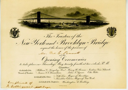 Invitation to the Opening Ceremonies of the New York and Brooklyn Bridge, 1883, in the Collection on Civic Events.  Museum of the City of New York, 38.116.2.