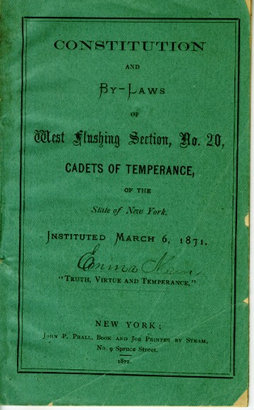 Constitution and Bylaws of the Cadets of Temperance, 1871, in the Collection on Clubs and Societies.  Museum of the City of New York, 48.356.1