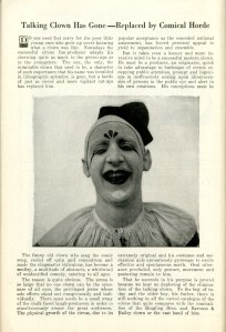 Talking clown has gone - replaced by comic horde. Ringling Bros and Barnum & Bailey Magazine and Daily Review. 1926. Museum of the City of New York Theater archives.