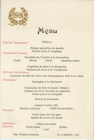 Waldorf-Astoria menu, 1907, in the Collection on Dining and Hospitality.  Museum of the City of New York. 42.250.62.