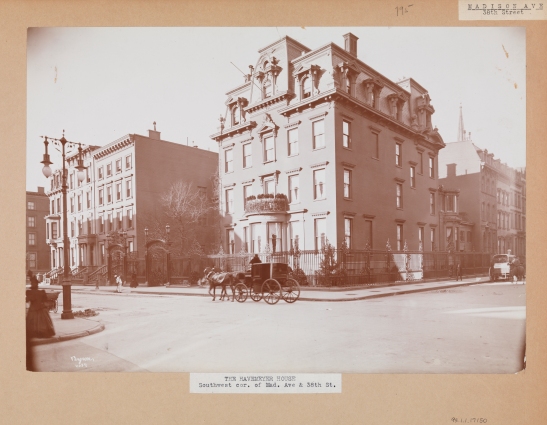 The Havemeyer House at the corner of Madison Ave. and 38th St.  A horse and carriage are visible in front of the building.