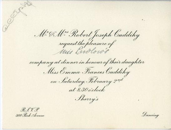 Invitation to dinner in honor of Miss Emma Frances Cuddihy, ca. 1929, in the Collection on Social Events. Museum of the City of New York, X2014.12.223A