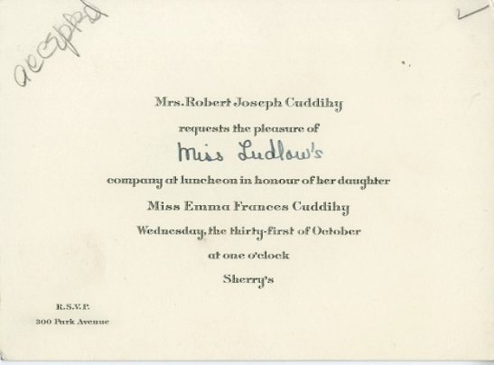 Invitation to luncheon in honor of Miss Emma Frances Cuddihy, ca. 1928, in the Collection on Social Events. Museum of the City of New York, X2014.12.223B
