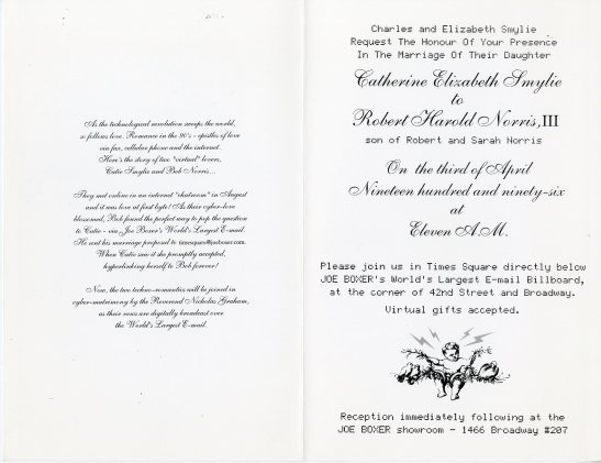 Invitation to the wedding of Catherine Elizabeth Smylie and Robert Harold Norris, III, 1996, in the Collection on Social Events. Museum of the City of New York, X2014.12.149AB