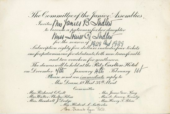 Junior Assembly subscription invitation to Miss Louisa G. Ludlow, ca. 1928, in the Collection on Social Events. Museum of the City of New York, X2014.12.246