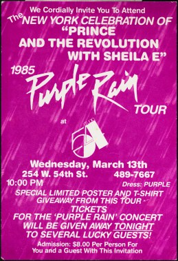 Studio 54 invitation to the Purple Rain Tour, 1985, in the Collection on Culture and Entertainment. Museum of the City of New York. 2013.8.1.