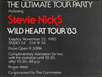 Studio 54 invitation to Stevie Nicks Wild at Heart Tour, 1983, in the Collection on Culture and Nightlife. Museum of the City of New York. 2013.8.7.
