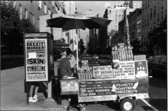 View of a hot dog vendor at the northeast corner of 72nd St. and Fifth Ave. next to a phone booth with a poster advertising two plays sponsored by the Public Theater: 