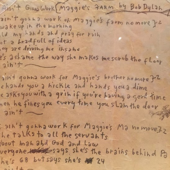 Original handwritten manuscript of "Maggie's Farm," 1965