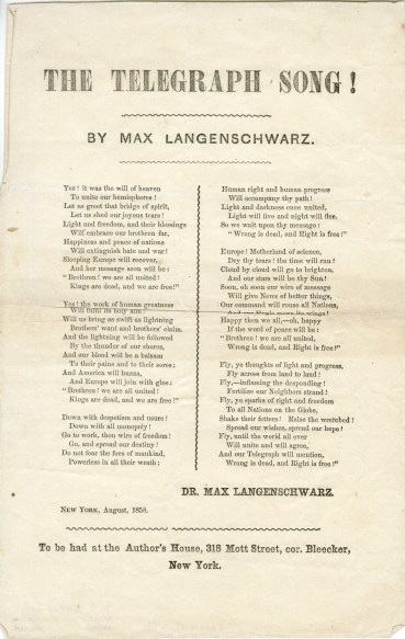 The Telegraph Song, by Max Langenschwarz, 1858, in the Collection on Civic Events. Museum of the City of New York, X2014.12.356.
