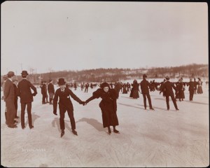 People on a frozen lake at Van Cortlandt Park.