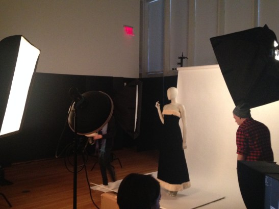 Photography of a Halston evening gown worn by Candice Bergen to Truman Capote's "Black and White Ball," 1966. Designed for Bergdorf Goodman's Boutique on the Second Floor. Museum of the City of New York, 67.24.