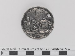 Back of medal with ships in Louisbourg harbor, inscribed: "LOUISBURG HARBOUR IUL 26 1758"