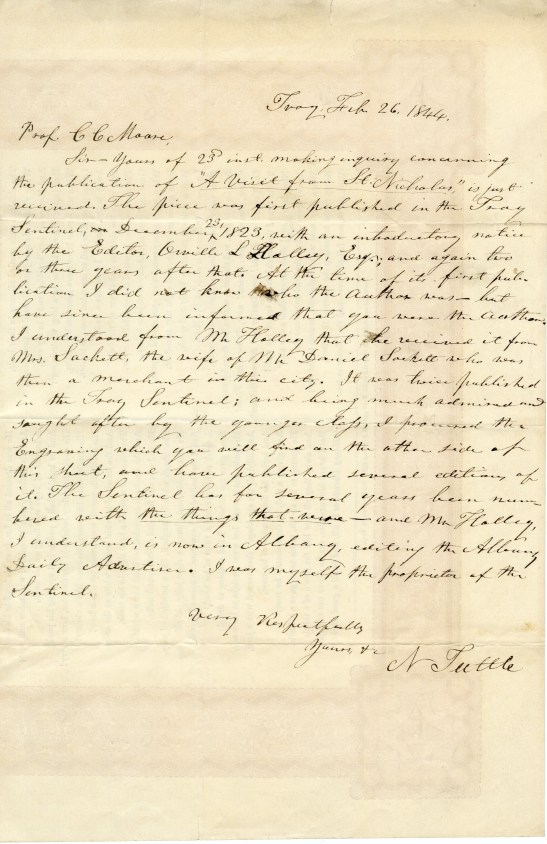 Letter from N. Tuttle to Clement Clarke Moore. 1844. Museum of the City of New York. 54.331.17b