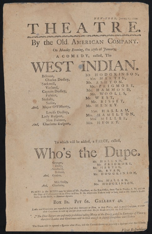 Broadside (notice). The West Indian and Who's the Dupe, a farce. 1794. Museum of the City of New York. 49.79.
