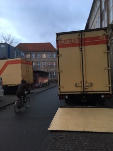 Truck prepared for loading. Note the bicyclist for street scale.
