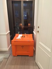 Crate awaiting load-in to the elevator