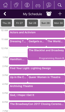 BroadwayCon 2017 app, My schedule view.